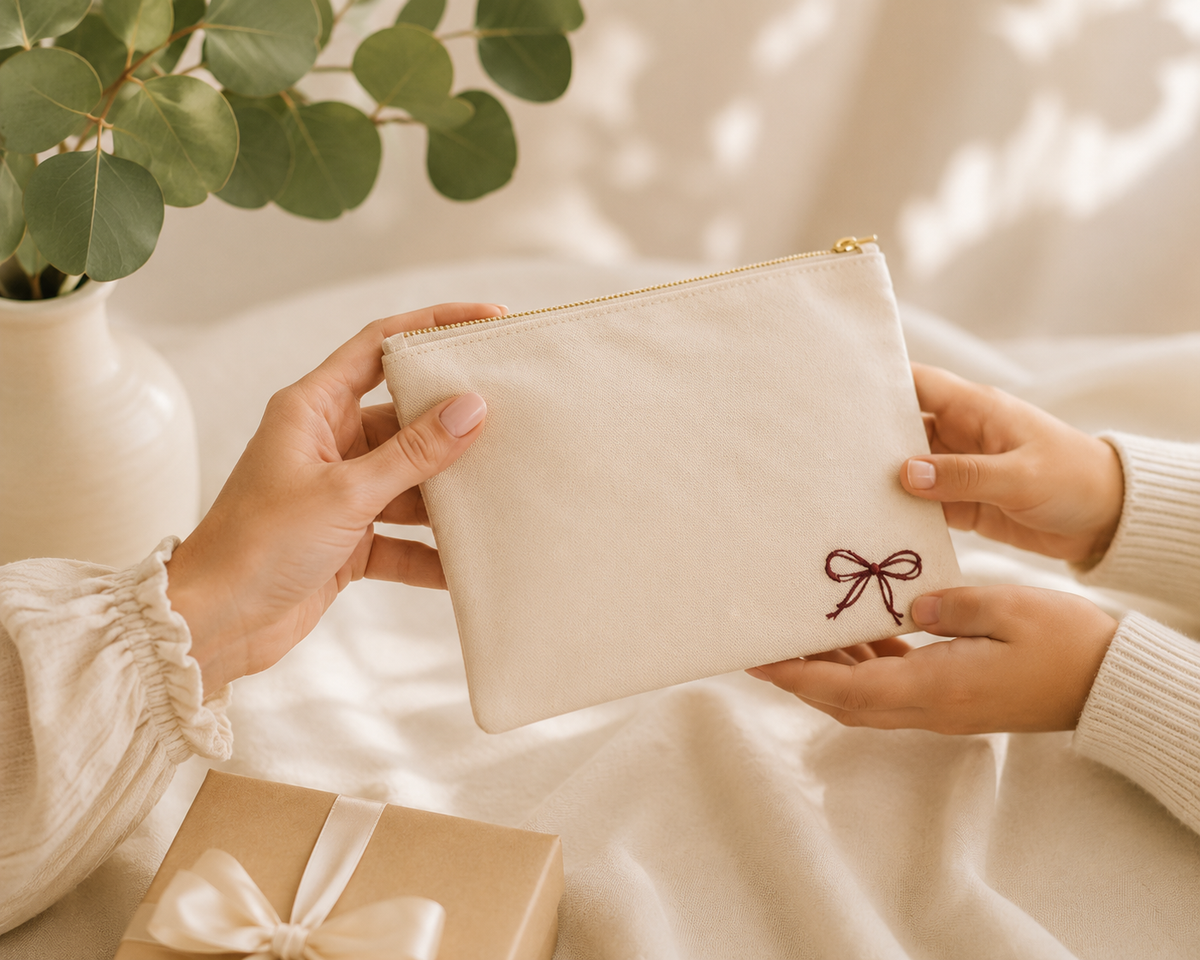 with you canvas pouch being gifted, held in hands as a thoughtful present