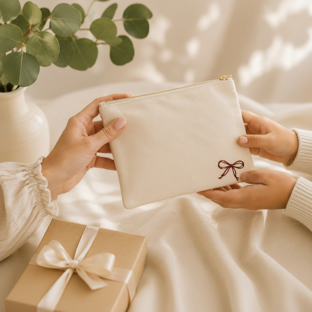 Two pairs of hands exchanging the with you canvas pouch - a gifting moment